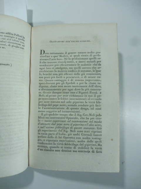 Osservazioni sull'uso del piperino. (Stralcio da: Nuovo giornale de' letterati. N. 20. 1825)